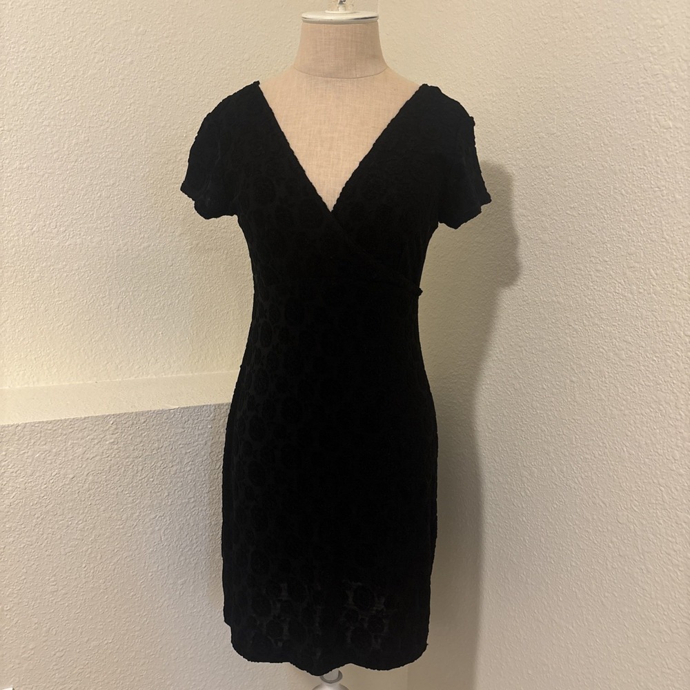 All That Jazz 90s Y2K Black Floral Roses Whimsy Mini Faux Wrap Dress Small Sheer